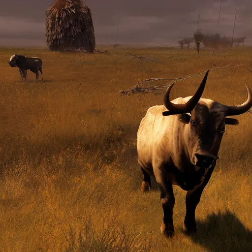 Prompt: screenshot of a bull with long horns in the steppe from Pathologic 2