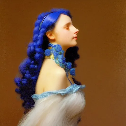 Prompt: a young woman's face, her hair is gold and she wears an cobalt blue satin cloak, by ivan aivazovsky and syd mead and moebius and gaston bussiere and roger dean and pieter claesz and paul delaroche and alma tadema and aelbert cuyp and willem claesz, hyperrealistic, volumetric light, octane render