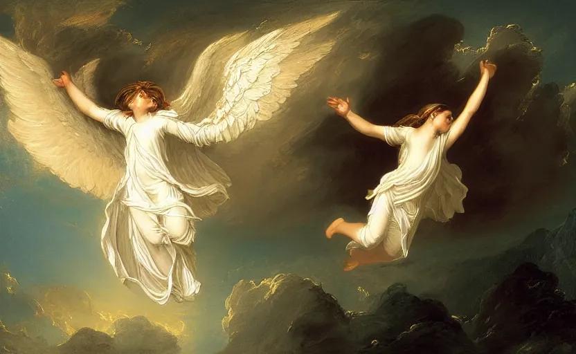 Image similar to a young beautiful angel wearing white angelic clothes flying among heaven and hell painted by thomas cole