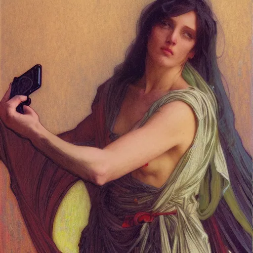 Prompt: cinematic scene of Death taking a selfie, modern, mucha, colorful, by Michael Whelan, William Adolphe Bouguereau, and Donato Giancola, highly rendered, beautiful, cyberpunk, moody lighting, glowing light and shadow, atmospheric, 8K