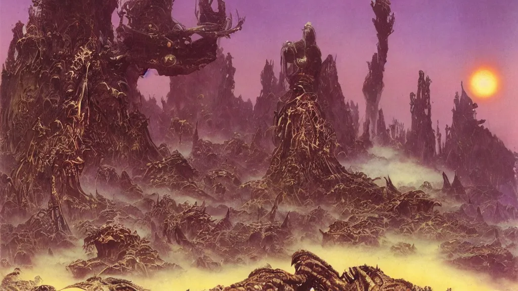 Image similar to surreal eerie alien planet empire with strange biomechanical plants by frank frazetta and bruce pennington, cinematic matte painting