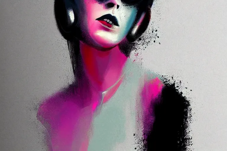 Image similar to vintage minimal figurative beautiful colorful, Cedric Peyravernay figurative art, cyber punk minimal female dj figure art, soft colors mono chromatic, colors on white background, abstract