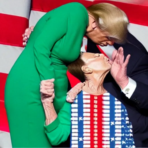 Prompt: donald trump kissing nancy pelosi with tongue, american flag behind