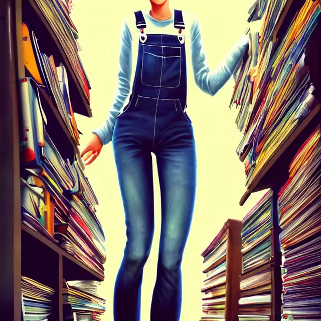 Image similar to full body pose, beautiful adult book fairy, pixar, short white hair shaved sides, dirty, grungy, grunge, long sleeve, painted overalls, stacks of giant books, highly detailed, 4 k, hdr, smooth, sharp focus, high resolution, award - winning photo, artgerm, photorealistic