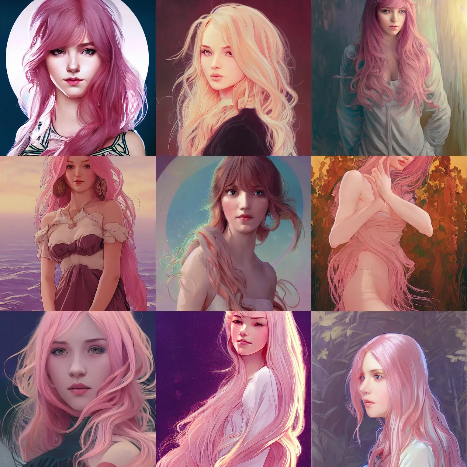 Prompt: russian girl with long wavy light-pink hair. highly detailed, digital painting, artstation, concept art, smooth, sharp focus, illustration, art by artgerm and alphonse mucha, high definition digital art, in the style of ilya kuvshinov and Ross tran