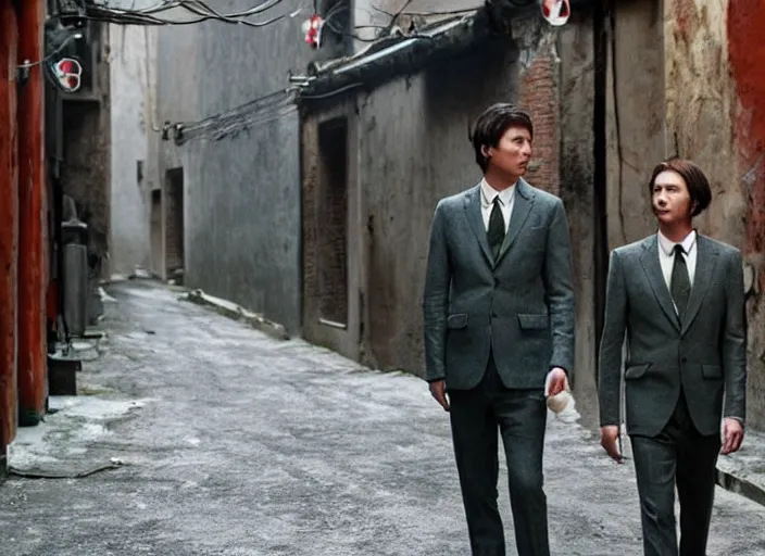 Image similar to a very high resolution image from a new movie, two deer wearing suits, in a narrow chinese alley, dark light long shadow beatiful backgrounds, dramatic lighting, directed by wes anderson