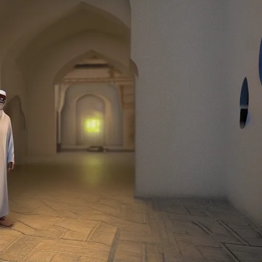 Image similar to a jinn lurking behind a muslim, digital art, realistic, unreal engine 4