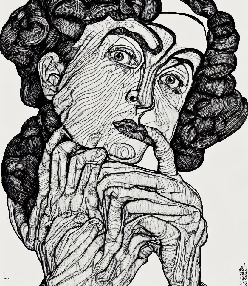 Prompt: detailed line art portrait of margaret bourke - white, inspired by egon schiele. caricatural, minimalist, bold contour lines, musicality, soft twirls curls and curves, confident personality, raw emotion