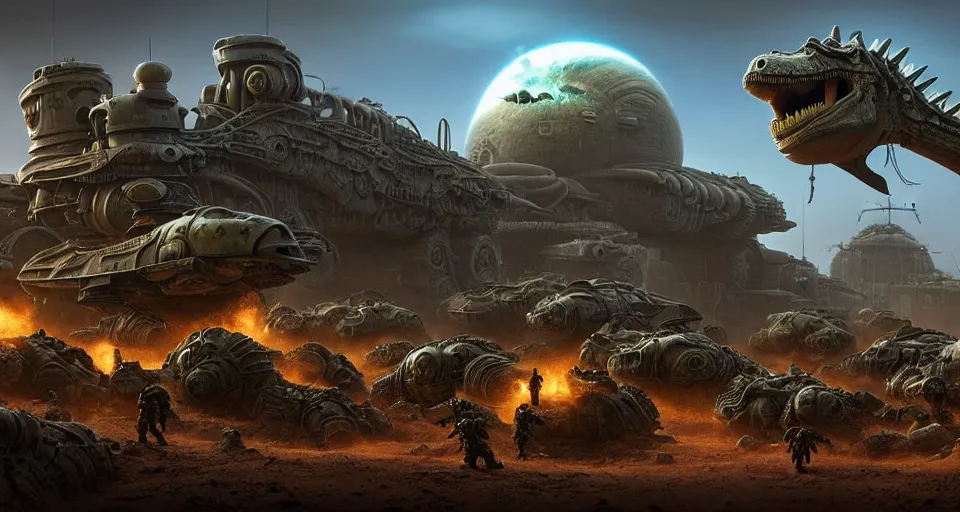 Prompt: pixar running dinosaurs googly eyes, m 1 tank fury road iron smelting pits, highly detailed cinematic scifi render of 3 d sculpt of spiked gears of war skulls bucketwheel jabbas palace, military chris foss, john harris, hoover dam'aircraft carrier tower'beeple, warhammer 4 0 k, halo, halo, mass effect