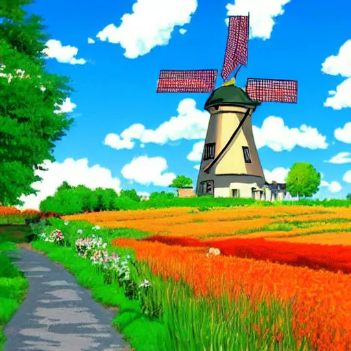 Image similar to beautiful countryside background with a windmill by studio ghibli, 4k, cute, colourful, summer