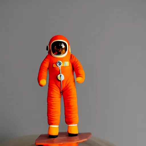 Image similar to Fumo plush of a Soviet cosmonaut in an orange spacesuit SK-1, Vostok-1, EOS-1D, f/1.4, ISO 200, 1/160s, 8K, RAW, unedited, symmetrical balance, in-frame