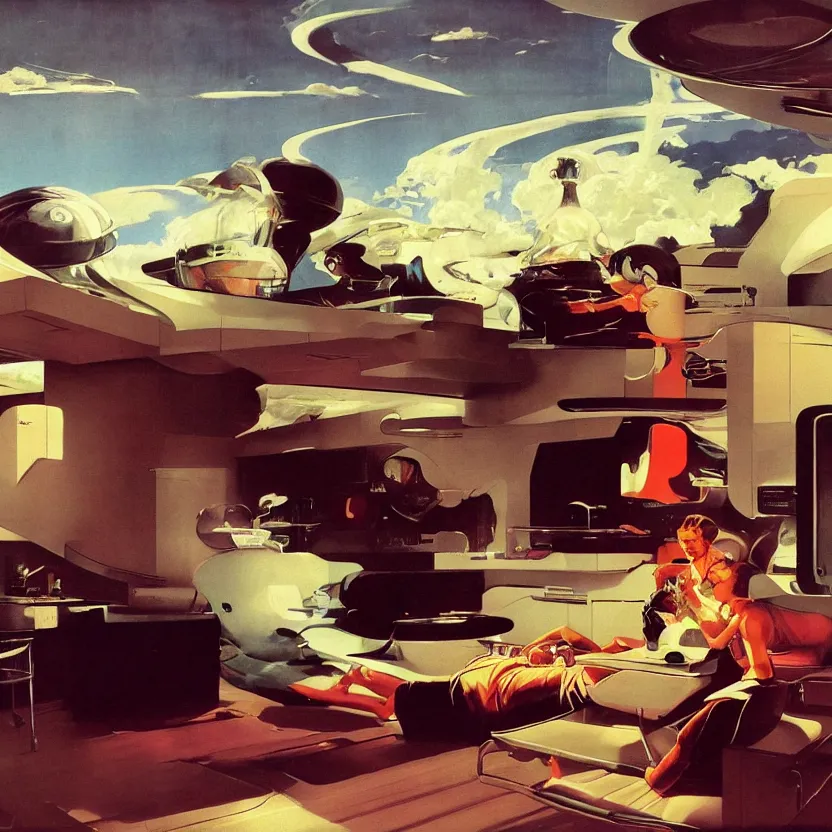 Image similar to a futuristic lounge room on the edge of a meadow. billowing clouds. highly detailed science fiction painting by norman rockwell, frank frazetta, and syd mead. rich colors, high contrast, gloomy atmosphere. trending on artstation.