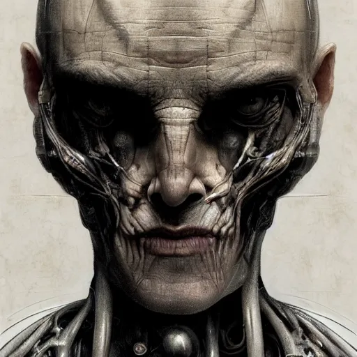 Image similar to surreal portrait of a man by Greg Rutkowski and H.R Giger, cyborg of indeterminate age, symmetrical, bald, haunting and artificial appearance, pale as marble, biomechanical and intricate, empty and uncany expression, cosmic void background, frightening, fascinating, highly detailed portrait, digital painting, book cover, artstation, concept art, smooth, sharp foccus ilustration, Artstation HQ.