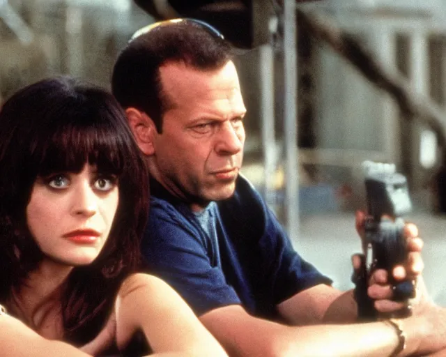 Prompt: film still of zooey channel as bruce willis in die hard