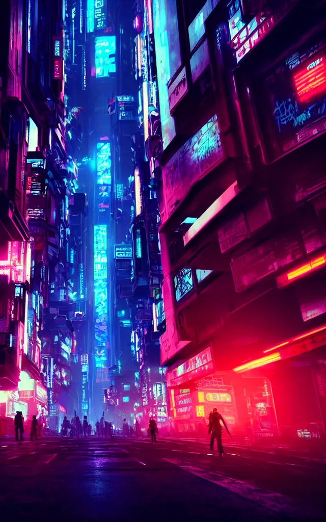Image similar to concept art of a magnificent dark neon futuristic cyberpunk city bustling street at night cyberart in the style of liam wong in the film akira rendered in octane, 3 d render, trending on cgsociety, blender 3 d, displacement mapped