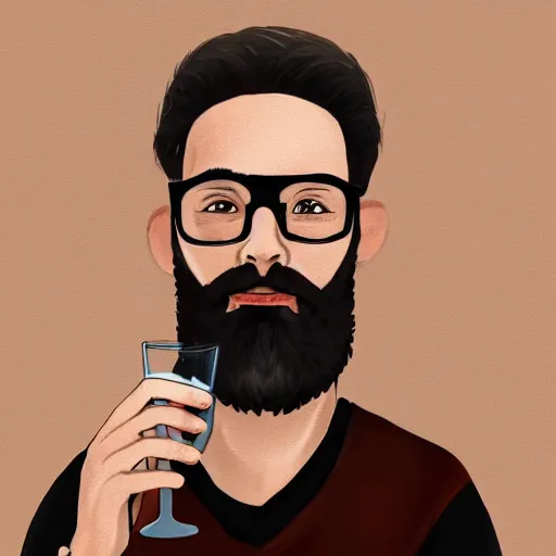 Prompt: portrait of a young, bald, moderately bearded man wearing glasses, drinking a glass of whiskey, digital painting, highly detailed, hd, 4k, trending on artstation