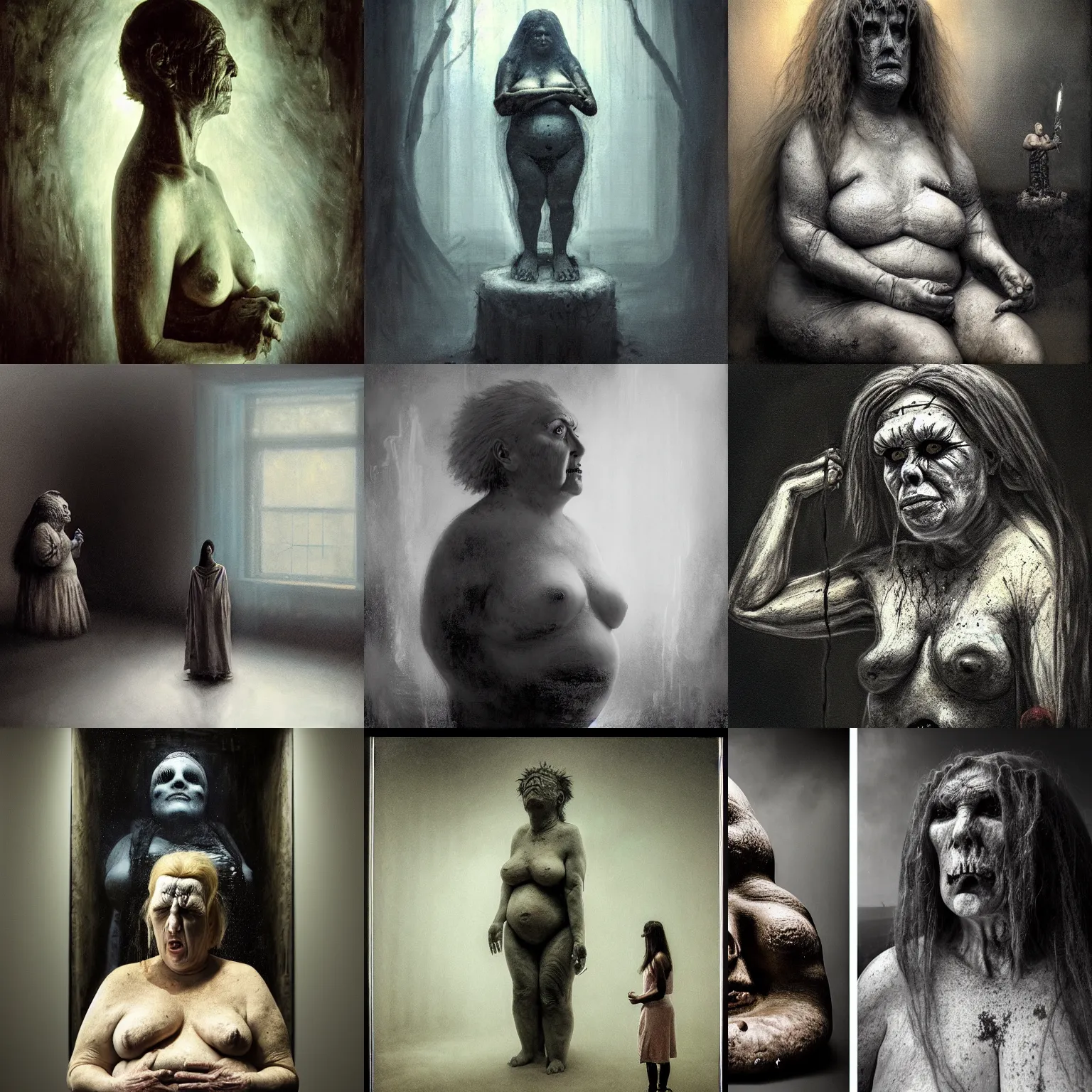 Prompt: portrait of big old sumoringer as despair from sandman, in a white cloudy void with empty framesfloating around her, venus of willendorf, by jeremy mann, by gregory crewdson, sad face, black hair, white room, soft lightning, high detailed, 8 k