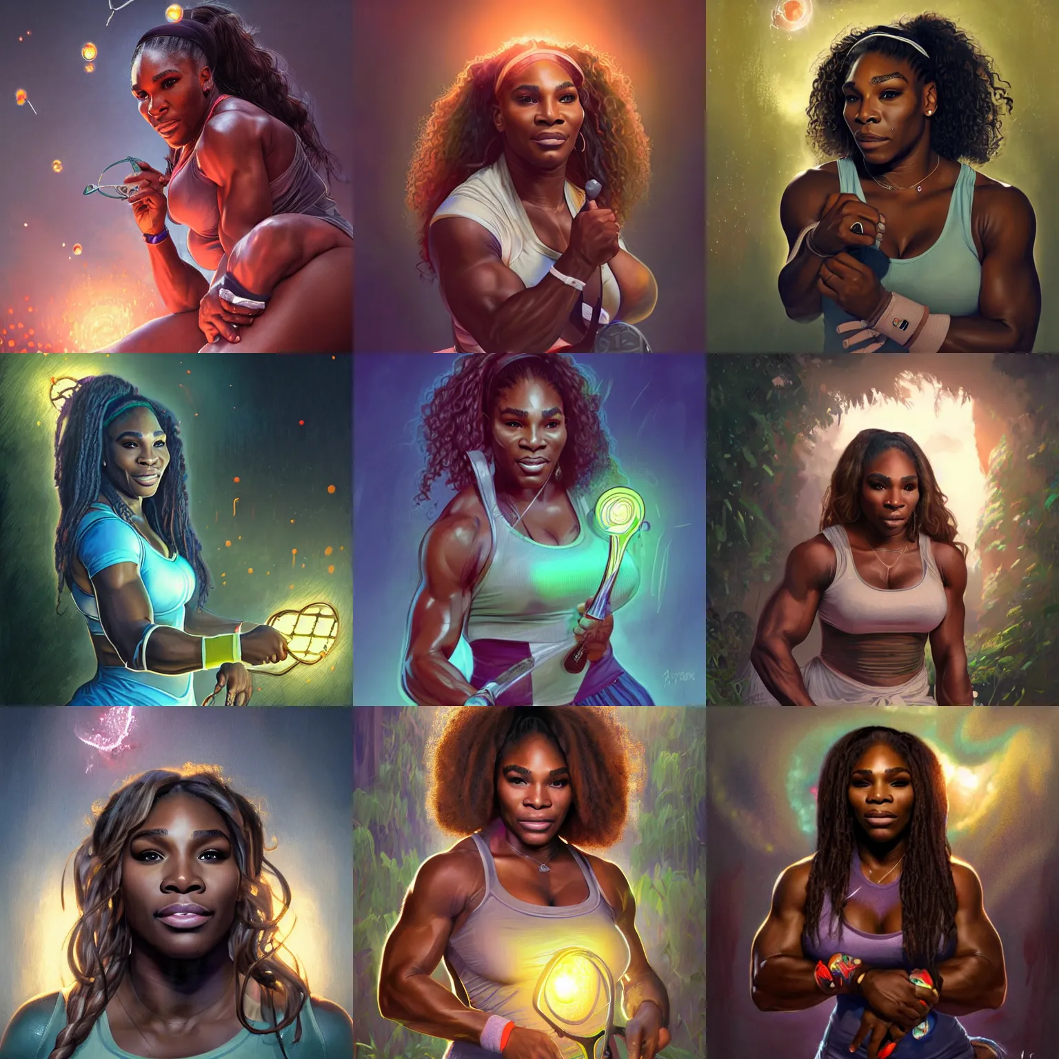 Prompt: portrait of muscled Serena Williams surrounded by zombies on a tennis court, mystical lighting, fireflies bokey, highly detailed, digital painting, artstation, concept art, smooth, sharp focus, illustration, art by artgerm and greg rutkowski and alphonse mucha