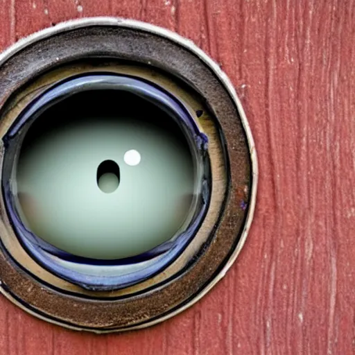 Prompt: a smiling old man seen through a peephole