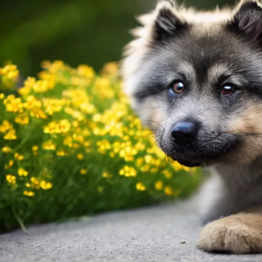 Prompt: a keeshond puppy smelling a flower, sigma 8 5 mm f / 1. 4