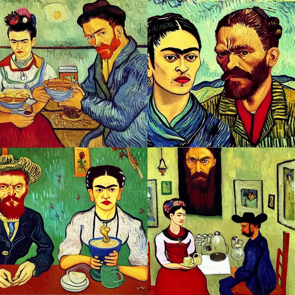 Prompt: hipster vincent van gogh and hipster frida kahlo ordering coffee at a busy cafe, oil painting by frida kahlo