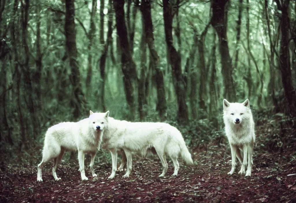 Image similar to lomo photo of a white wolf in a dense forest, cinestill, bokeh, out of focus