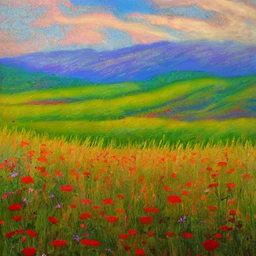 Prompt: This painting is a unique pastel and oil on canvas. It features a beautiful landscape with rolling hills and fields of wildflowers. The colors are soft and soothing, making it the perfect piece to relax and unwind with.
