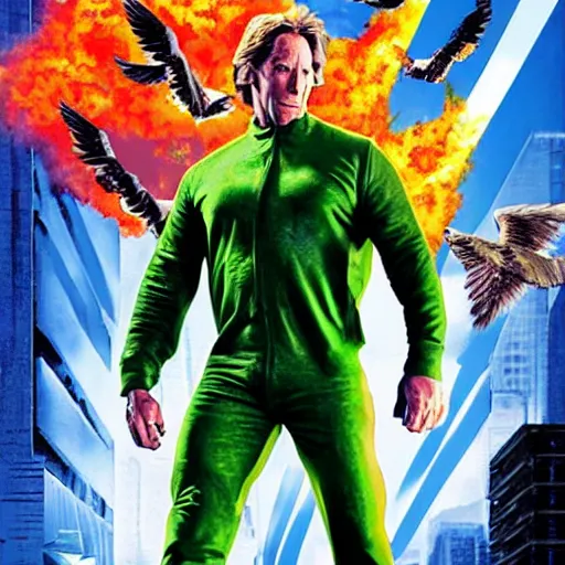 Image similar to action hero Michael Bay movie poster featuring Marvel Majestic Fat Pigeon in a extravagant full body green suit by Alex Ross, oil painting