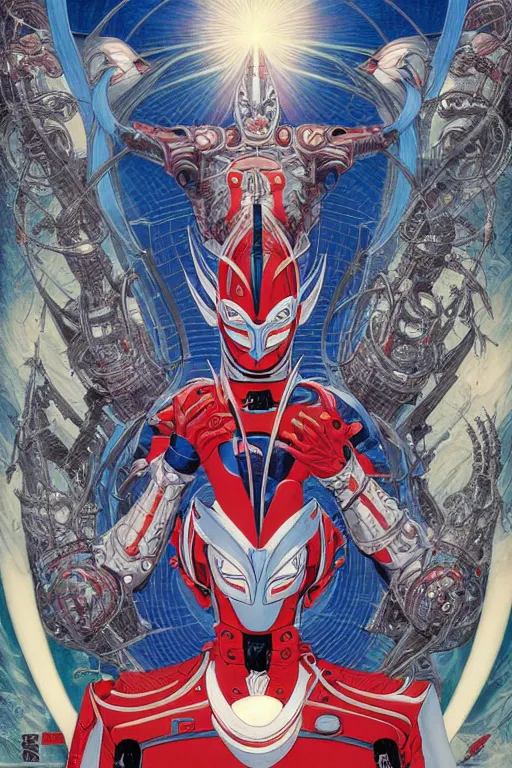 Image similar to posterof ultraman, symmetrical, by yoichi hatakenaka, masamune shirow, josan gonzales and dan mumford, deayami kojima, takato yamamoto, barclay shaw, karol bak, yukito kishiro