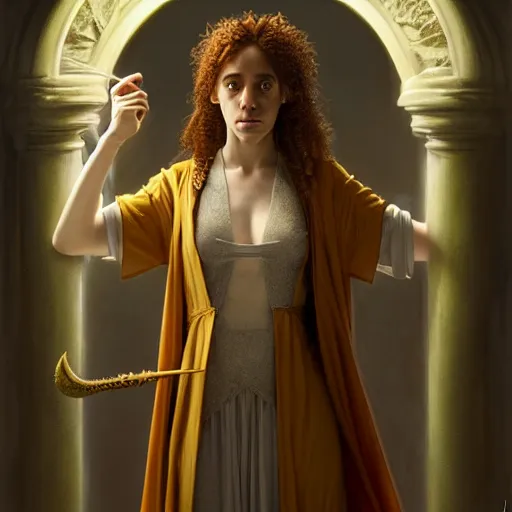 Image similar to hermione granger in latex robe as priestess of cthulhu, studio light, photoreal, by jaime jones, tom bagshaw, lawrence alma - tadema, greg rutkowski, deviantart contest winner, fantasy art, daz 3 d, intricate, elegant, highly detailed, 8 k, digital painting, concept art, sharp focus, illustration, golden ratio,