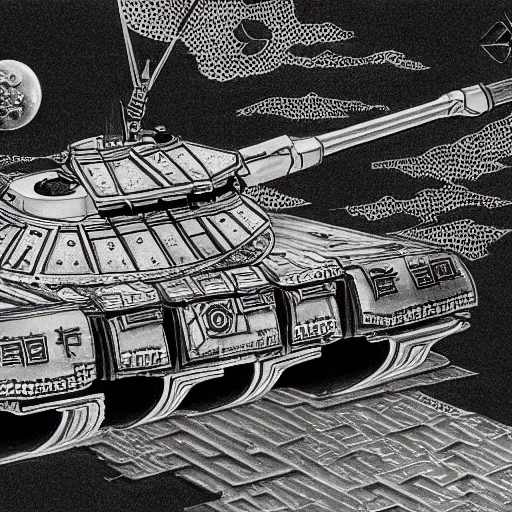 Image similar to daoist battle tank painted in white and black yin - yag symbol blasting away at dystopia, cosmos backdrop, detailed pencil drawing escher style xenopunk alien aesthetics