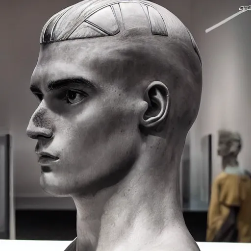 Image similar to “ a realistic detailed photo of a guy who is an attractive humanoid who is half robot and half humanoid, who is a male android, soccer player antoine griezmann, shiny skin, posing like a statue, blank stare, at the museum, on display ”