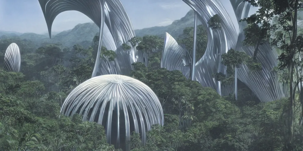 Image similar to a twirly futuristic architecture made of chrome right in the middle of a huge crater in a tropical forest, ralph maquarrie and syd mead cinematic matte painting, 4 k