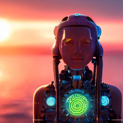 Image similar to beautiful Fine art photography of a solarpunk half robot half human girl with real human face, medium shot, highly detailed, photorealism, sunset lighting 8k