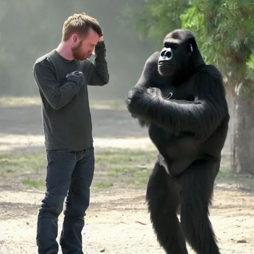 Prompt: A photo of Aaron Paul smoking weed with a gorilla, Jesse Pinkman