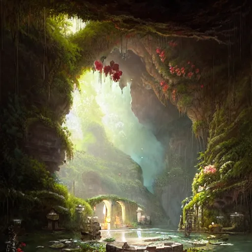 Image similar to bathhouse hidden in a cave, natural light, lush plants and flowers, elegant, intricate, fantasy, atmospheric lighting, by Greg rutkowski