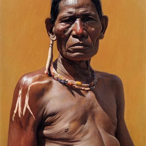 Prompt: high quality high detail painting by lucian freud, hd, full body of a indigenous tribe leader, muted pink color, photorealistic lighting