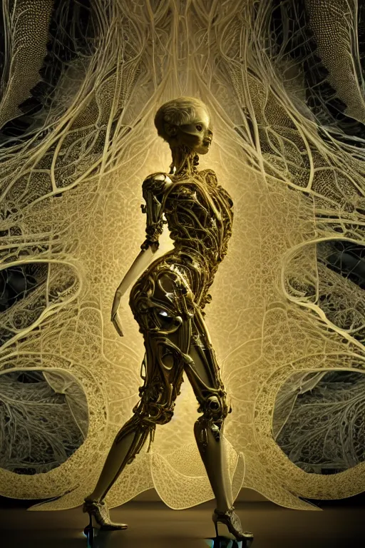 Image similar to intricate hyper detailed ultra sharp 3 d render, unity of mood, biomechanical cyborg ladies dancing, atmospheric, foliage, fractal, flowing, white large pore fungi, cyberpunk art nouveau, haute couture alexander mcqueen leaves stems dahlia blooming transparent fractal filigree roots, intricate details, octane render, volumetric cinematic lighting, natural beautiful light, yellow infrared, lumiol, 8 k,