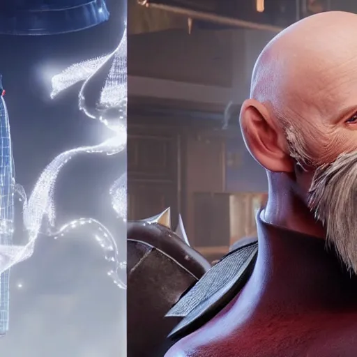 Image similar to the incredible dr. pol in final fantasy vii remake, bald with white mustache, character render, full body shot, highly detailed, in game render