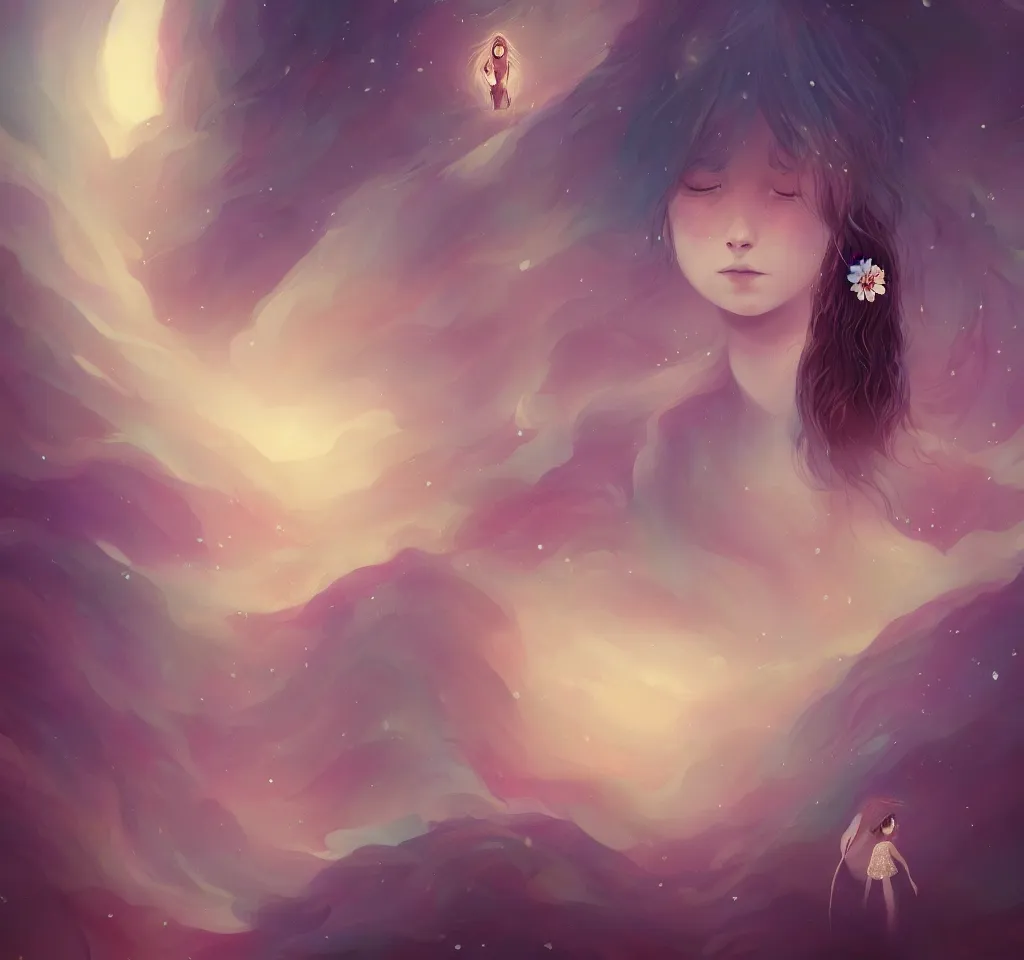 Prompt: ( a girl grows a flower on her nose, in the background the universe. ) by anato finnstark, dream, full body portrait, dynamic lighting, beautiful, trending on artstation, wallpaper, 4 k, award winning, digital art, very detailed faces