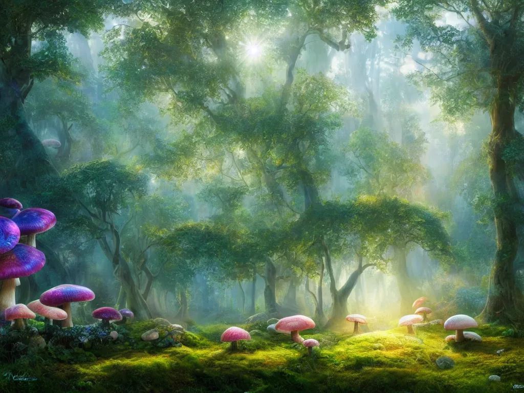 Image similar to 3d render of opalescent iridescent Kauai enchanted mushroom forest meadow, Sunlight Study, by Jan Davidsz de Heem and ((((((Lisa Frank)))))), misty morning, Art Nouveau, 8k, extreme detail, sharp focus, octane render