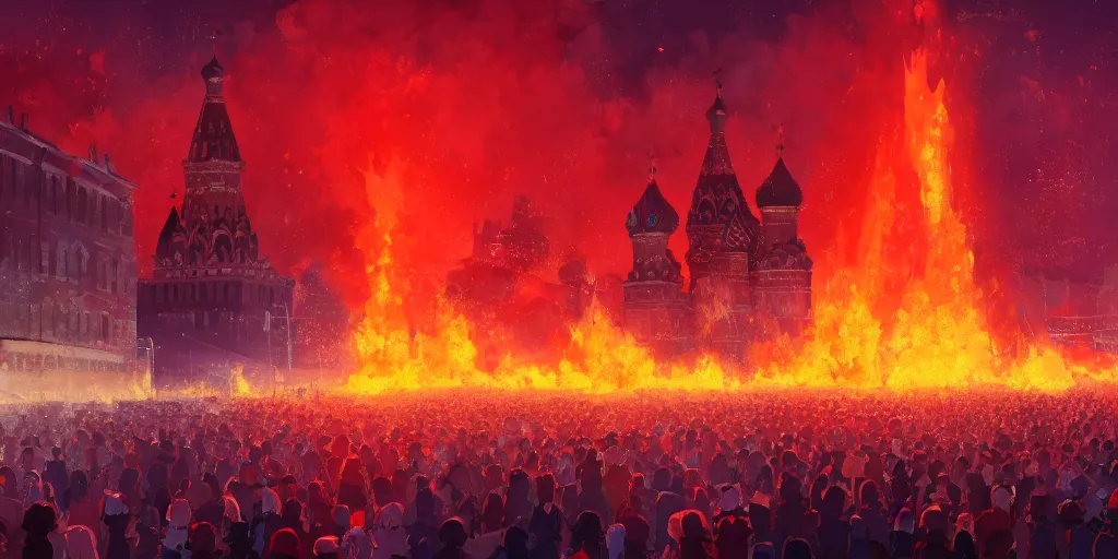 Image similar to high quality picture of burning Red Square in Moscow in flame, rich vivid colors, ambient lighting, dynamic lighting, 4k, HQ, official media, anime key visual, makoto shinkai, ilya kuvshinov, lois van baarle, rossdraws, detailed, trending on artstation