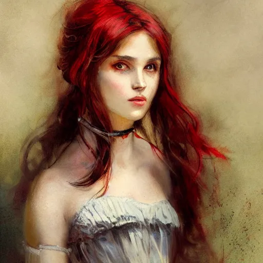 Image similar to Jean-Baptiste Monge and Solomon Joseph Solomon and Richard Schmid and Jeremy Lipking victorian genre painting portrait painting of a young beautiful woman marverl DC comic book character fantasy costume, red background