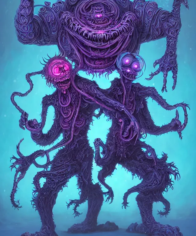 Image similar to a two headed xanathar made of bioluminescence in the art style of monsters inc, crisp 8 k line art, digital painting, artstation, unreal engine, octane render, emissive lighting, concept art, matte, sharp focus, hyper realistic lighting, illustration, deep royal blue and pink color scheme, art by philippe druillet