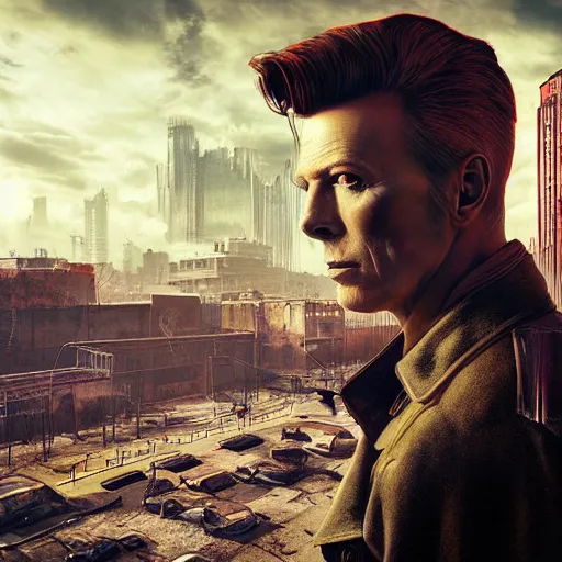 Image similar to fallout 5, charismatic david bowie, portrait, outdoors ruined cityscape, atmospheric lighting, painted, intricate, volumetric lighting, beautiful, daytime, sunny weather, slight overcast, sharp focus, deep colours, ultra detailed, by leesha hannigan, ross tran, thierry doizon, kai carpenter, ignacio fernandez rios