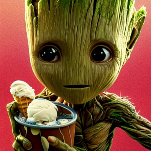 Prompt: baby groot eating an ice cream cone, highly detailed, rim light, cinematic lighting, illustration, art, octane render, very coherent, cinematic, hyper realism, high detail, octane render, by art by john collier and albert aublet and krenz cushart and artem demura and alphonse mucha