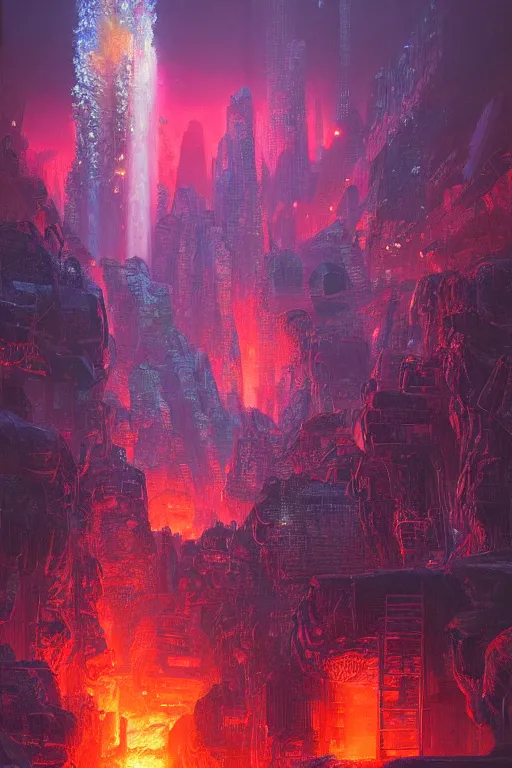 Prompt: a cyberpunk city in the crater of a volcano, lava flowing, smoke, fire, neon, clubs, lasers, snow, ice, cold, airships, industrial, by paul lehr, jesper ejsing