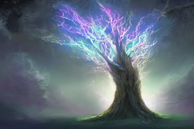 Image similar to magical mother tree of the universe, concept art trending on artstation, glowing effect ,