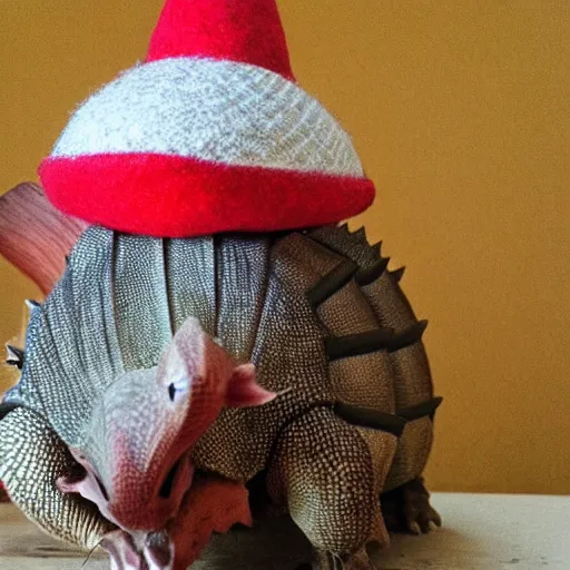 Prompt: and armadillo wearing a red hat