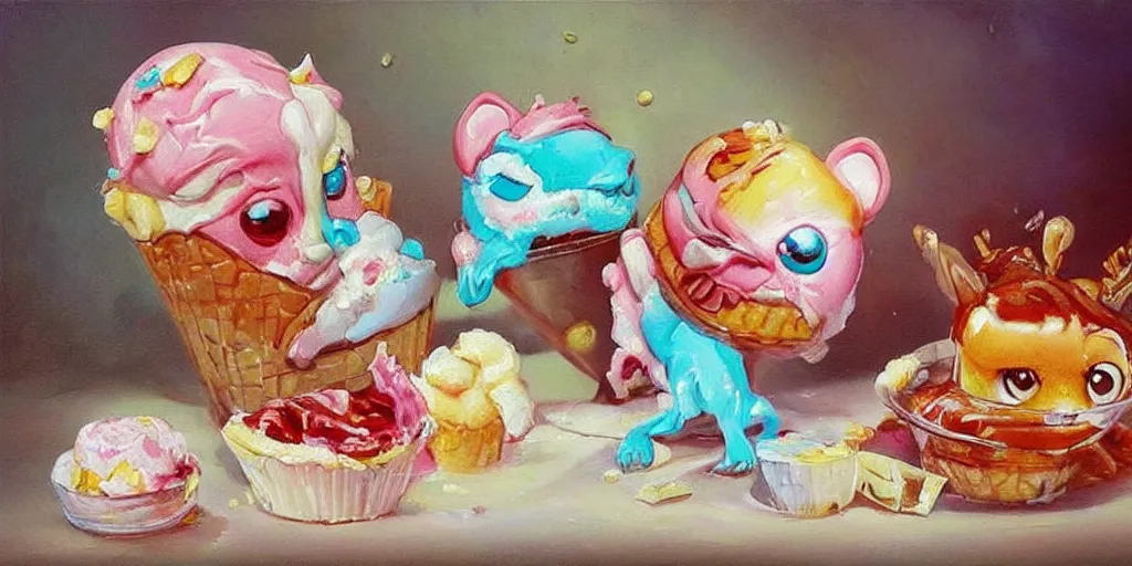 Image similar to ice cream made in the shape of 3 d littlest pet shop animal, realistic, melting, soft painting, desserts with chocolate syrup, toppings, ice cream, master painter and art style of noel coypel, art of emile eisman - semenowsky, art of edouard bisson